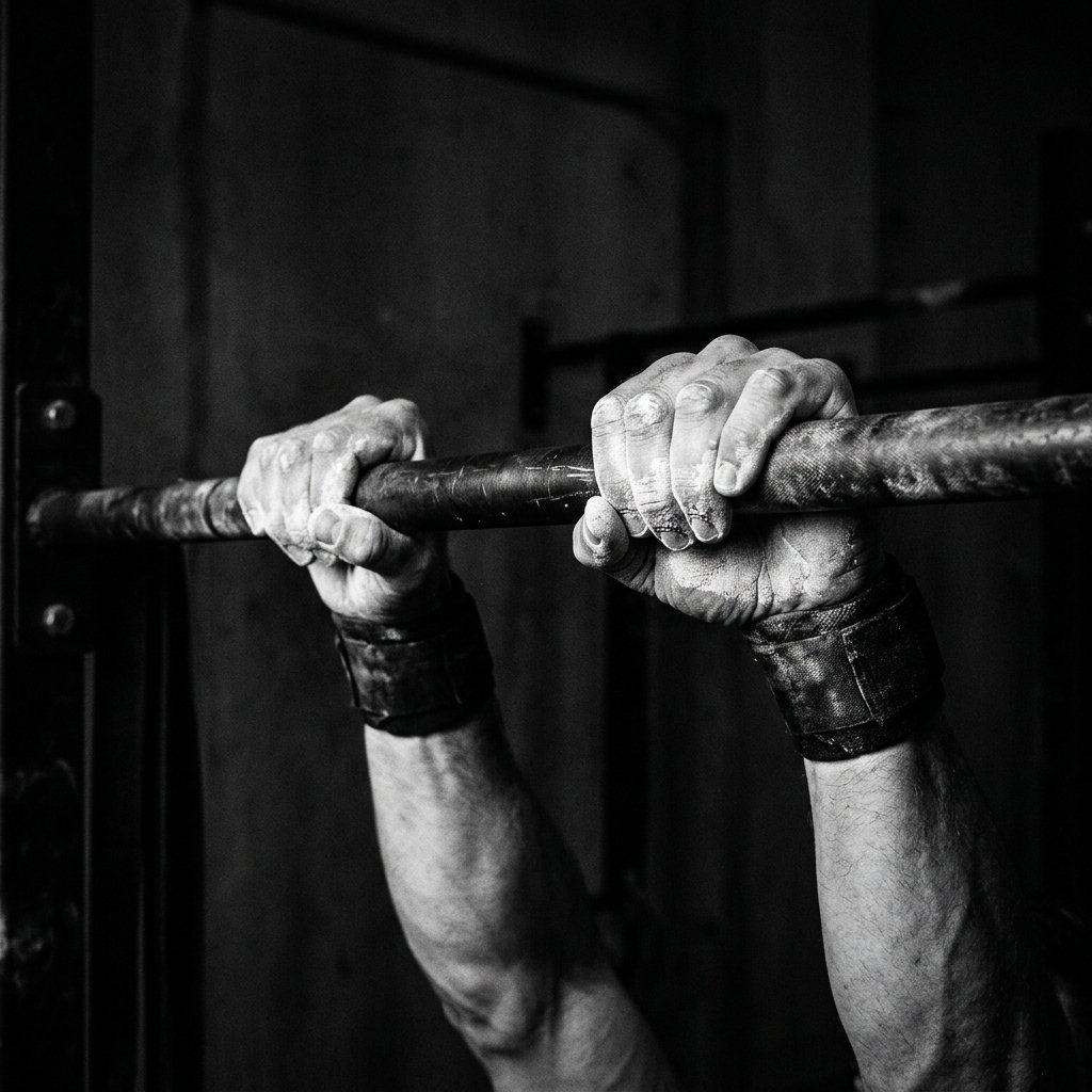 Chalked hands on pull-up bar